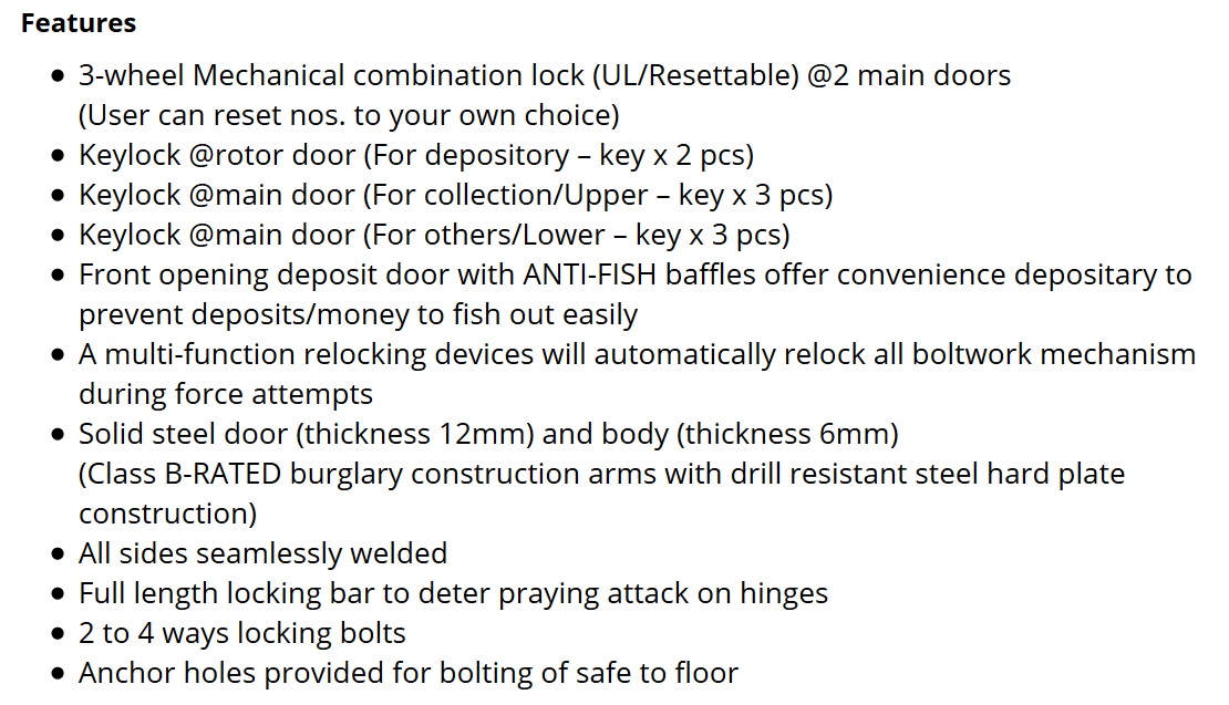 Night Deposit Safes - Features