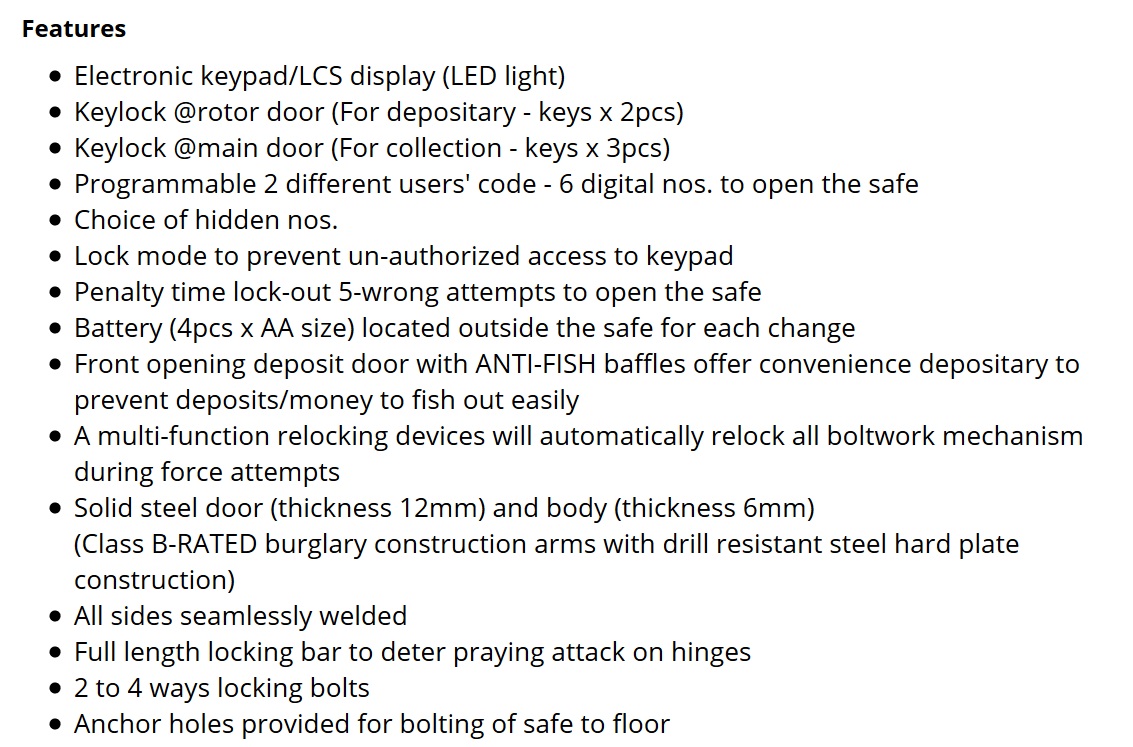 Night Deposit Safes - Features