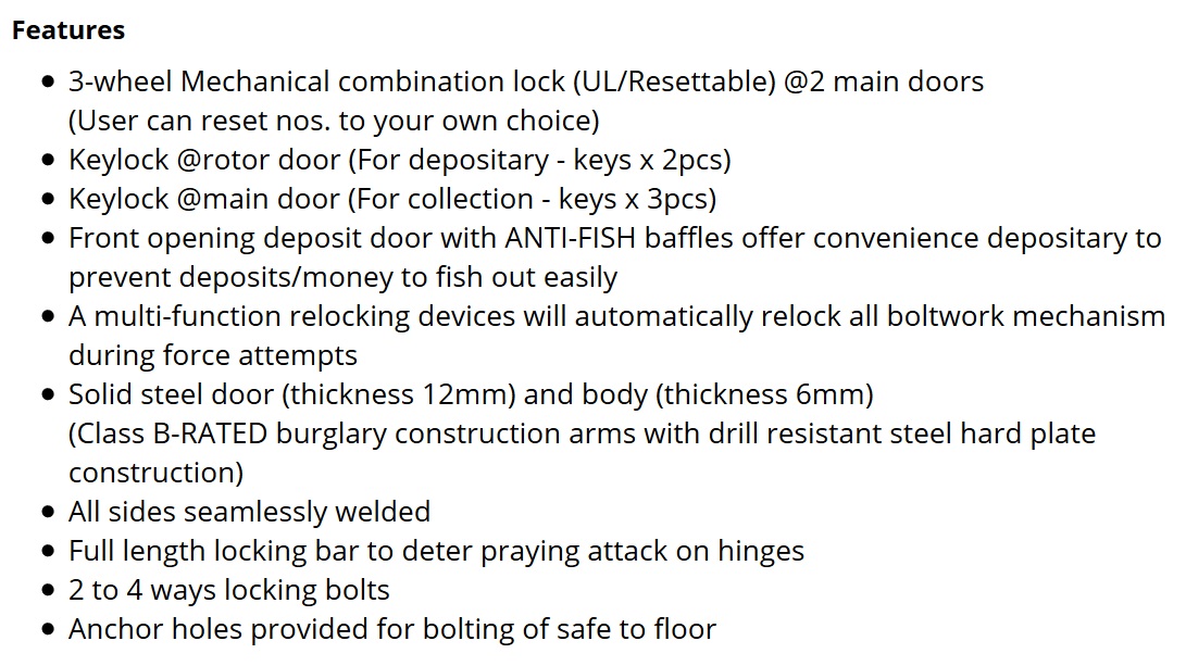 Night Deposit Safes - Features