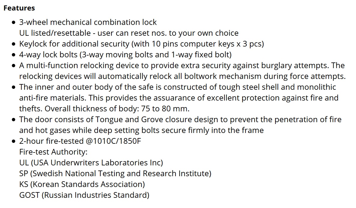 Combination Dial & Keylock Safes - Features