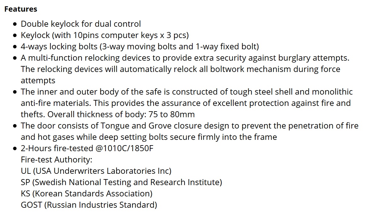 Double Keylock Safes - Features